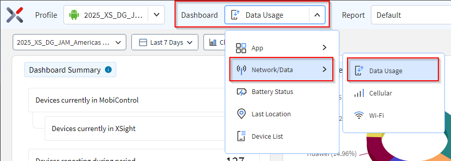 Select the Network/Data - Data Usage dashboard