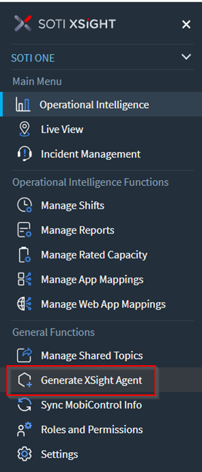 Main menu generate SOTI XSight agent