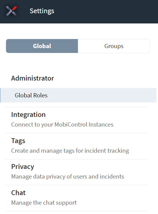 Global Settings Menu